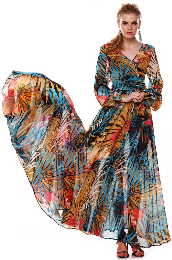 F2440-1 Womens V Neck Tropical Flower Printed Chiffon Long Sleeve Beach Dress